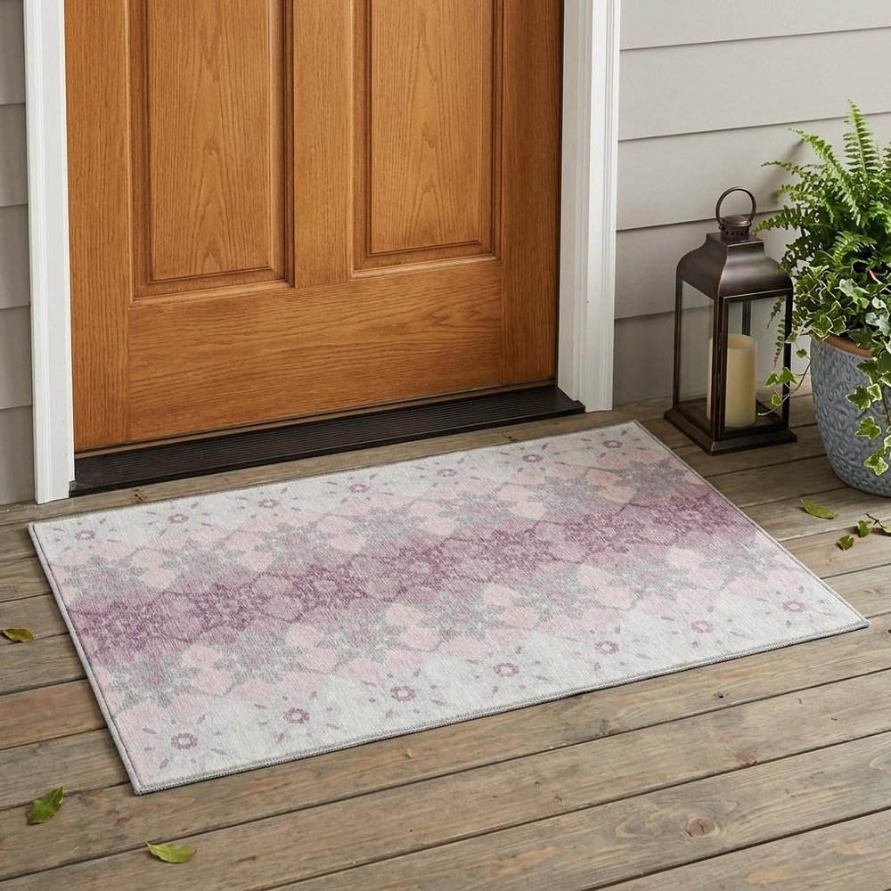 3' X 5' Pink And Pearl Floral Medallion Washable Indoor Outdoor Area Rug — view 1