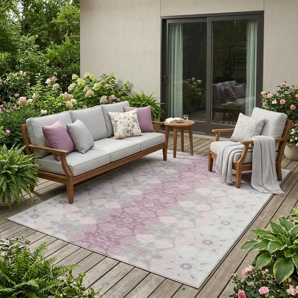5' X 8' Pink And Pearl Floral Medallion Washable Indoor Outdoor Area Rug — view 1
