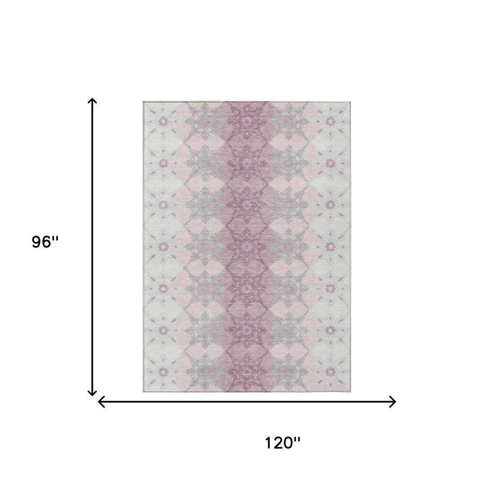 8' X 10' Pink And Pearl Floral Medallion Washable Indoor Outdoor Area Rug