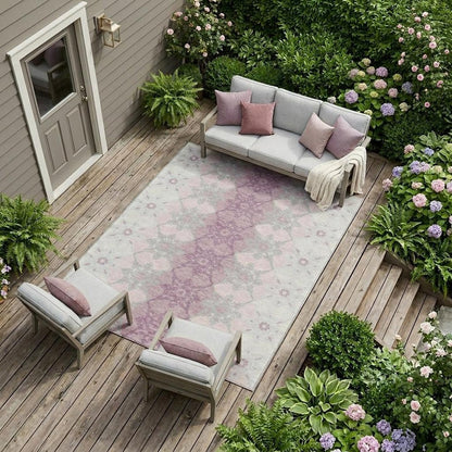 8' X 10' Pink And Pearl Floral Medallion Washable Indoor Outdoor Area Rug