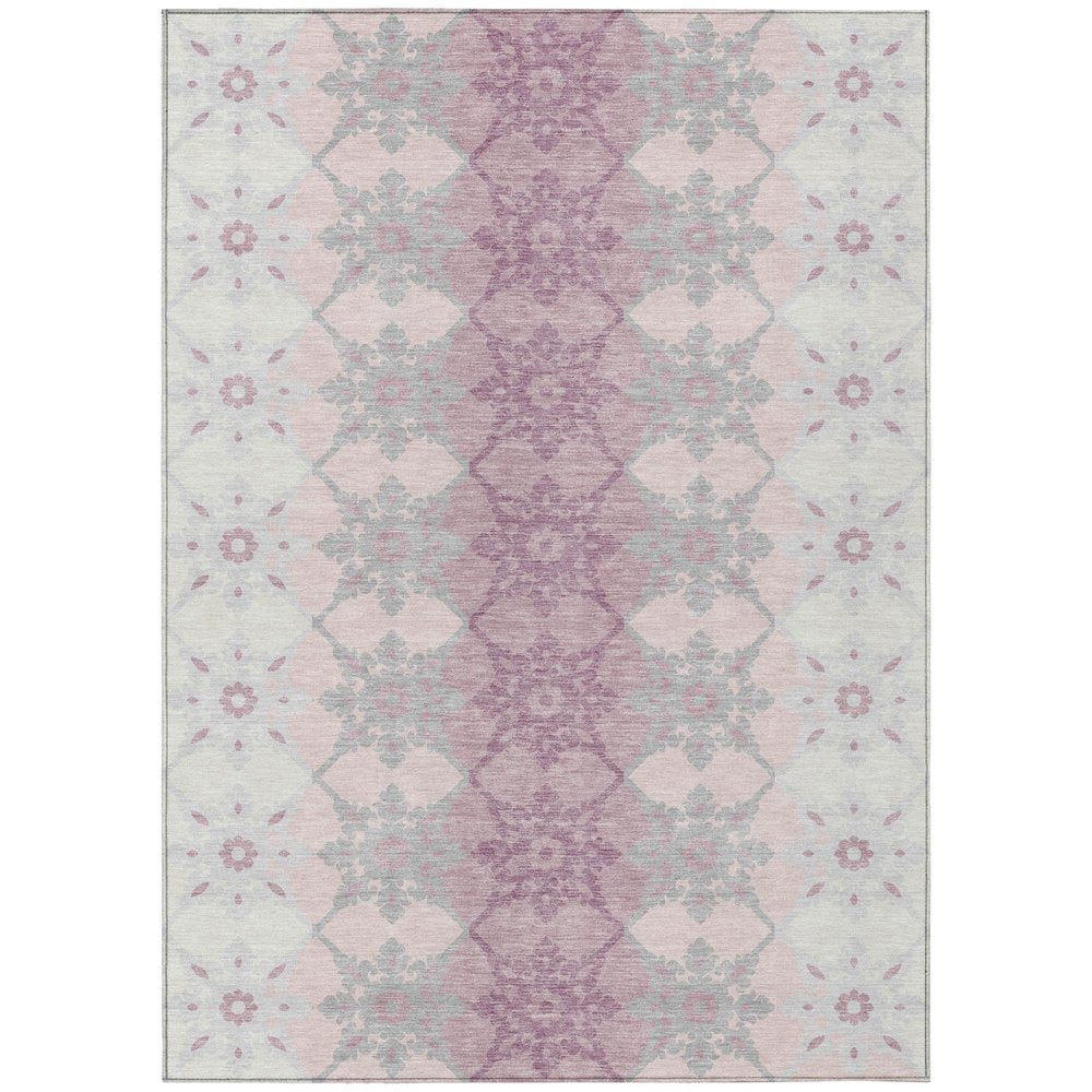 9' X 12' Pink And Pearl Floral Medallion Washable Indoor Outdoor Area Rug — view 1