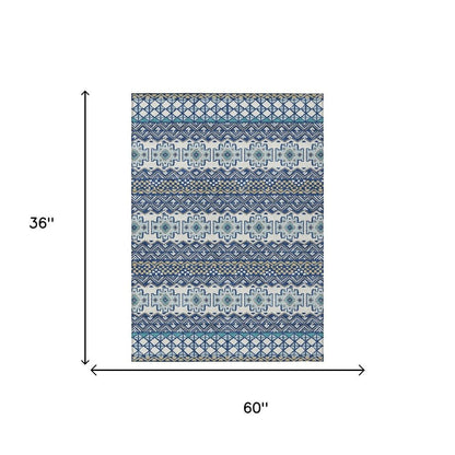 3' X 5' Blue And Gray Striped Washable Indoor Outdoor Area Rug HomeRoots