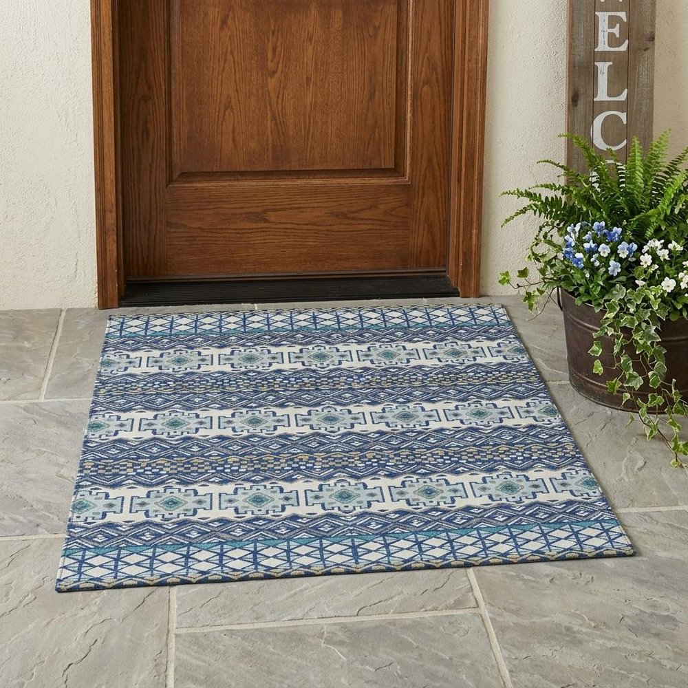 3' X 5' Blue And Gray Striped Washable Indoor Outdoor Area Rug HomeRoots