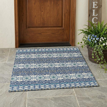 3' X 5' Blue And Gray Striped Washable Indoor Outdoor Area Rug HomeRoots