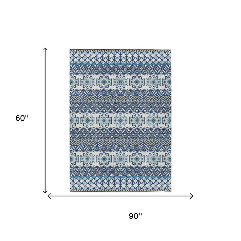 5' X 8' Blue And Gray Striped Washable Indoor Outdoor Area Rug HomeRoots