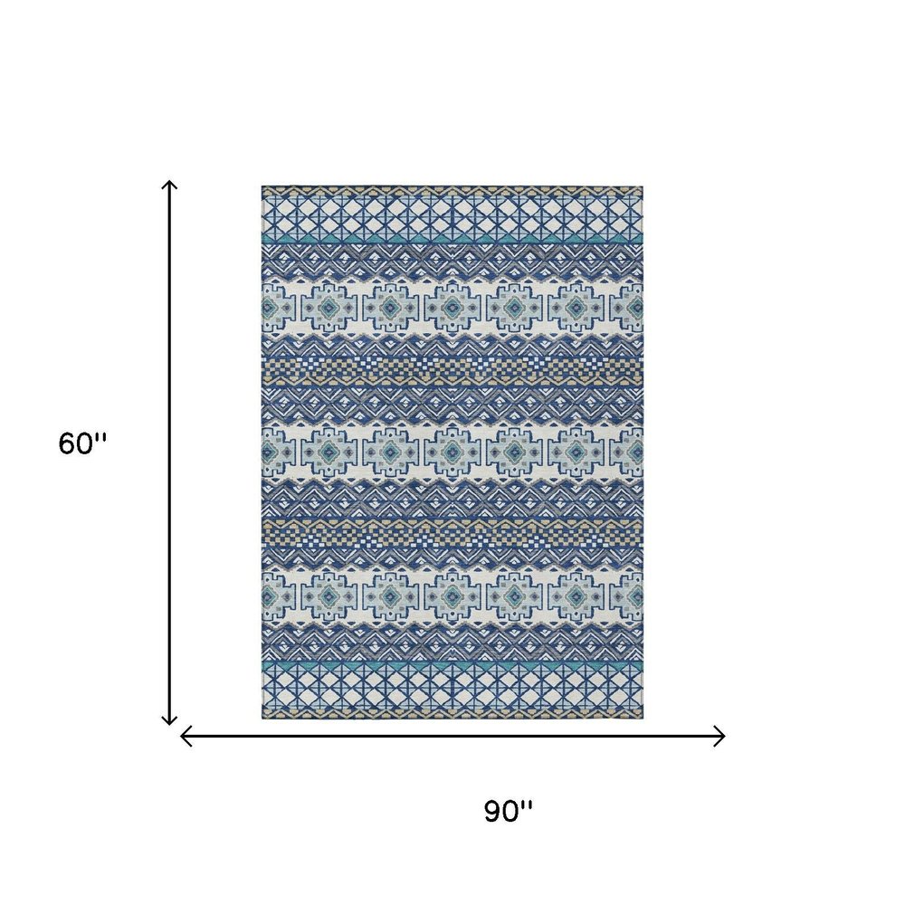 5' X 8' Blue And Gray Striped Washable Indoor Outdoor Area Rug