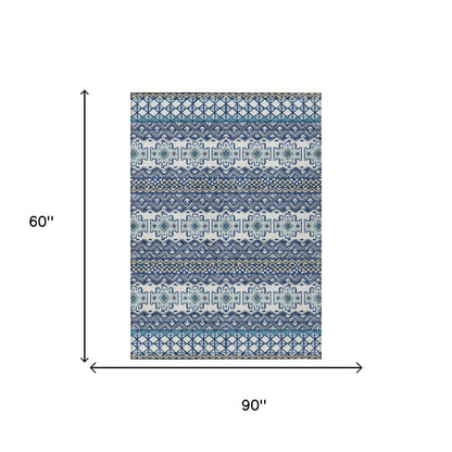5' X 8' Blue And Gray Striped Washable Indoor Outdoor Area Rug