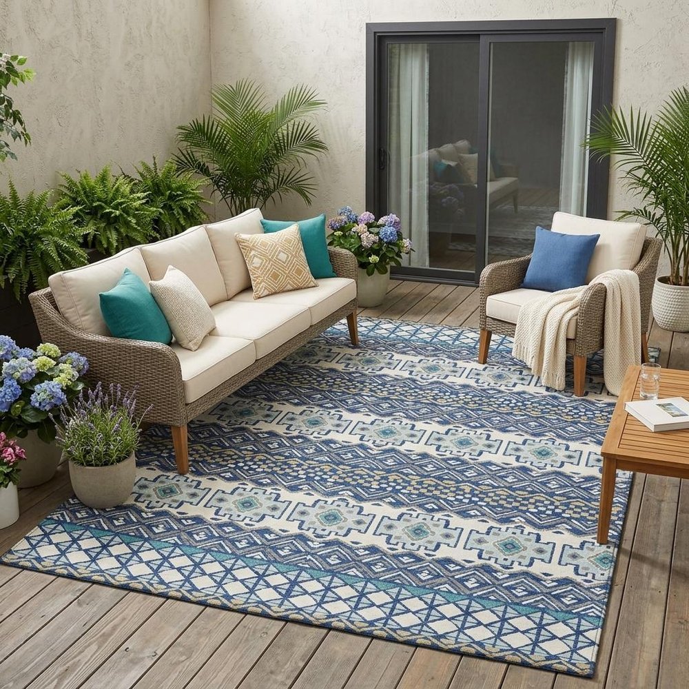 5' X 8' Blue And Gray Striped Washable Indoor Outdoor Area Rug — view 5