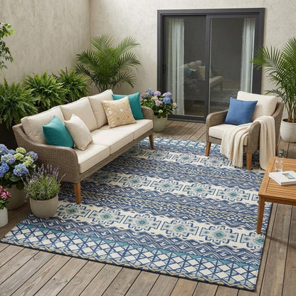 5' X 8' Blue And Gray Striped Washable Indoor Outdoor Area Rug HomeRoots