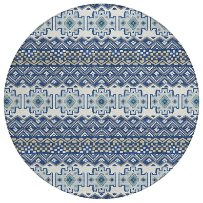 8' Blue And Gray Round Striped Washable Indoor Outdoor Area Rug HomeRoots
