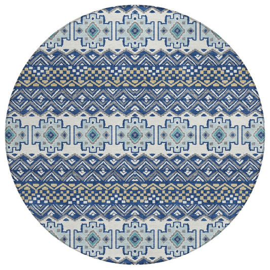 8' Blue And Gray Round Striped Washable Indoor Outdoor Area Rug