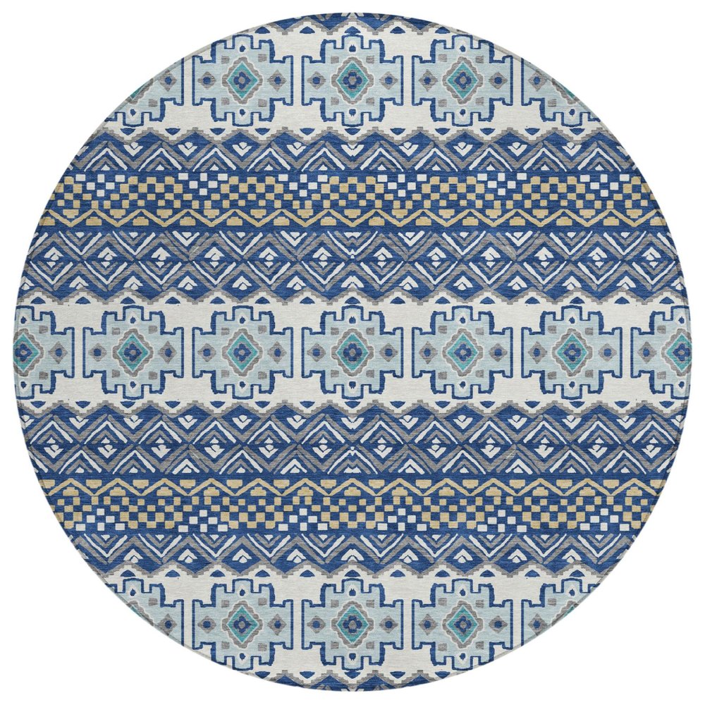 8' Blue And Gray Round Striped Washable Indoor Outdoor Area Rug