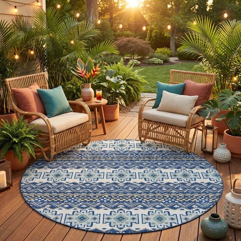 8' Blue And Gray Round Striped Washable Indoor Outdoor Area Rug HomeRoots