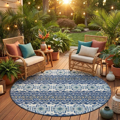 8' Blue And Gray Round Striped Washable Indoor Outdoor Area Rug HomeRoots