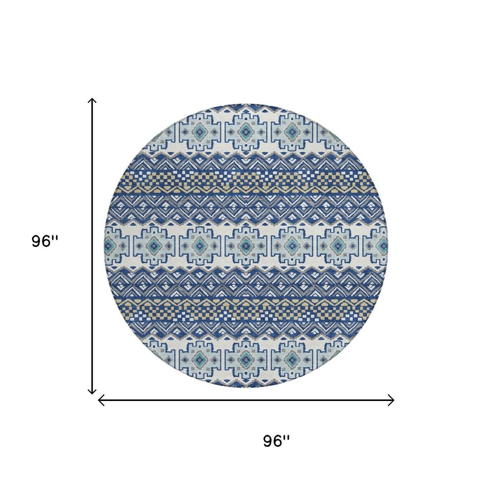 8' Blue And Gray Round Striped Washable Indoor Outdoor Area Rug HomeRoots