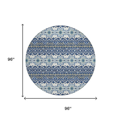 8' Blue And Gray Round Striped Washable Indoor Outdoor Area Rug HomeRoots