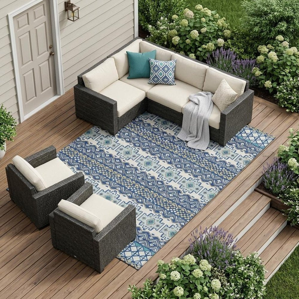 8' X 10' Blue And Gray Striped Washable Indoor Outdoor Area Rug HomeRoots