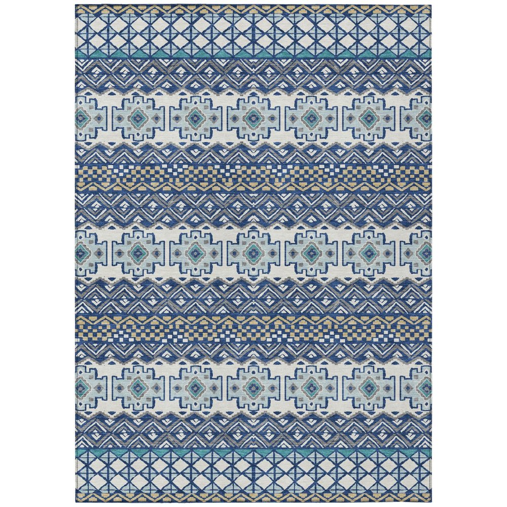 9' X 12' Blue And Gray Striped Washable Indoor Outdoor Area Rug — view 1