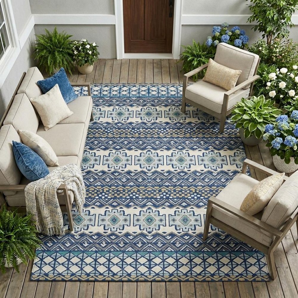 9' X 12' Blue And Gray Striped Washable Indoor Outdoor Area Rug HomeRoots