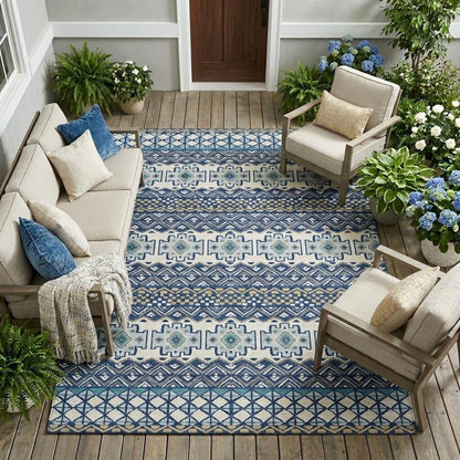 9' X 12' Blue And Gray Striped Washable Indoor Outdoor Area Rug HomeRoots