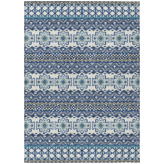10' X 14' Blue And Gray Striped Washable Indoor Outdoor Area Rug