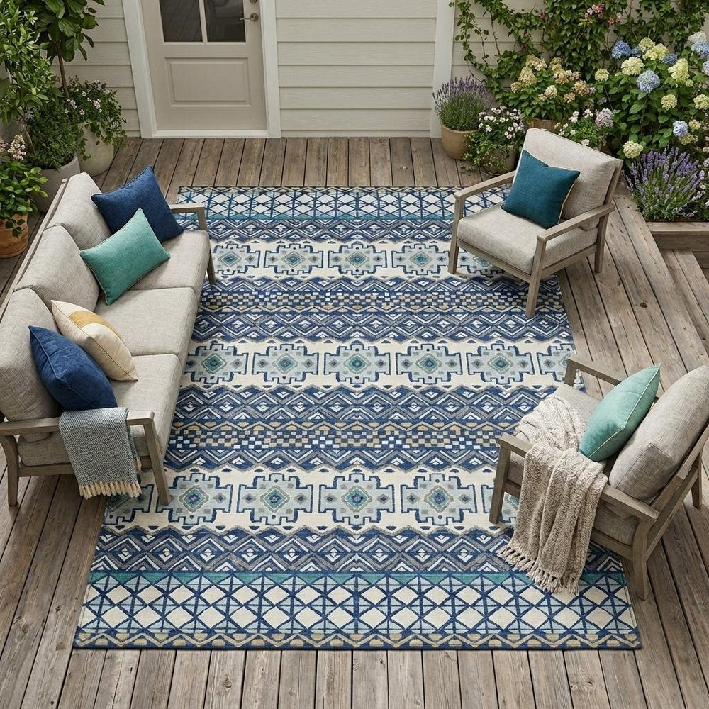10' X 14' Blue And Gray Striped Washable Indoor Outdoor Area Rug HomeRoots