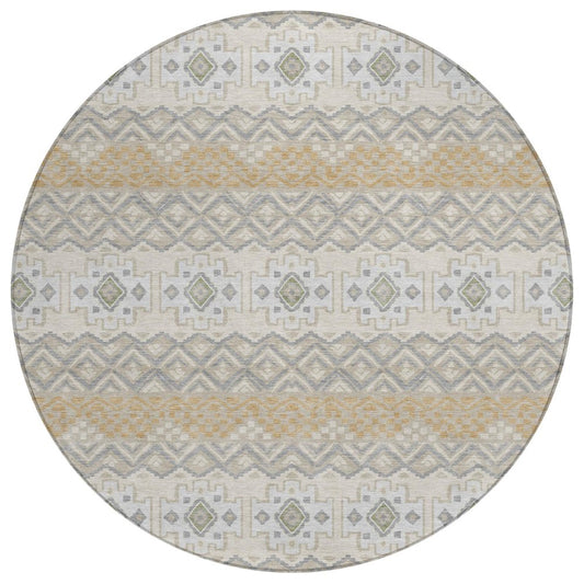 8' Beige And Brown Round Striped Washable Indoor Outdoor Area Rug