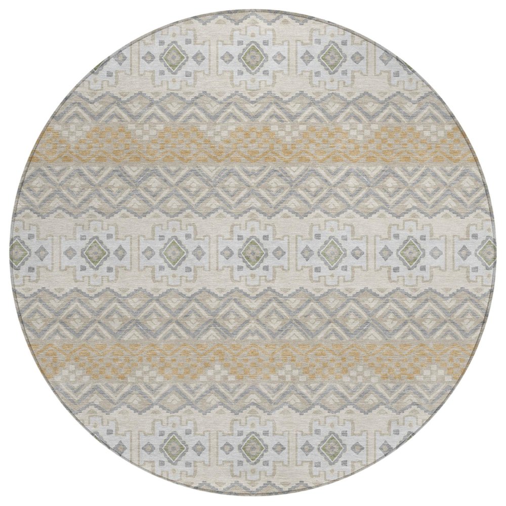 8' Beige And Brown Round Striped Washable Indoor Outdoor Area Rug HomeRoots