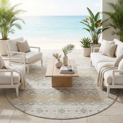 8' Beige And Brown Round Striped Washable Indoor Outdoor Area Rug HomeRoots
