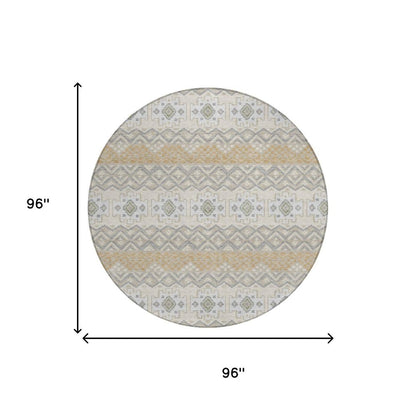 8' Beige And Brown Round Striped Washable Indoor Outdoor Area Rug HomeRoots