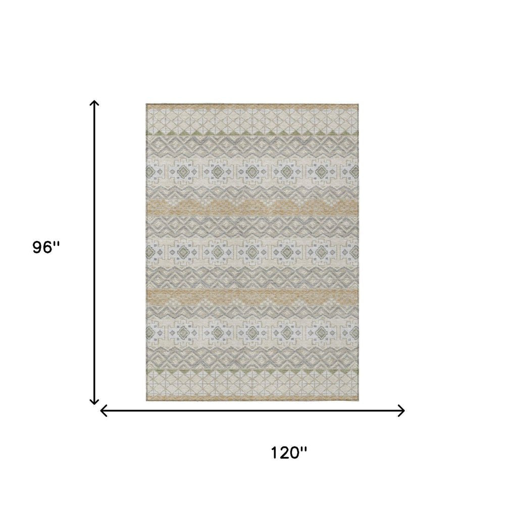 8' X 10' Beige And Brown Striped Washable Indoor Outdoor Area Rug