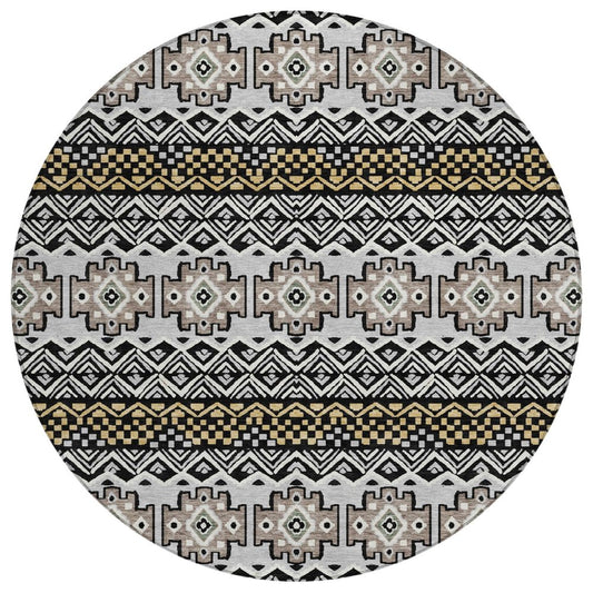 8' Black And Gray Round Striped Washable Indoor Outdoor Area Rug HomeRoots