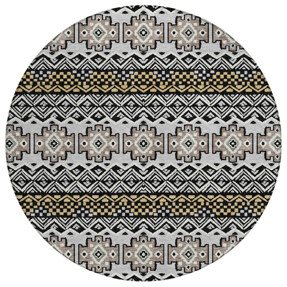 8' Black And Gray Round Striped Washable Indoor Outdoor Area Rug HomeRoots