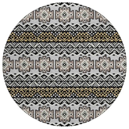 8' Black And Gray Round Striped Washable Indoor Outdoor Area Rug HomeRoots