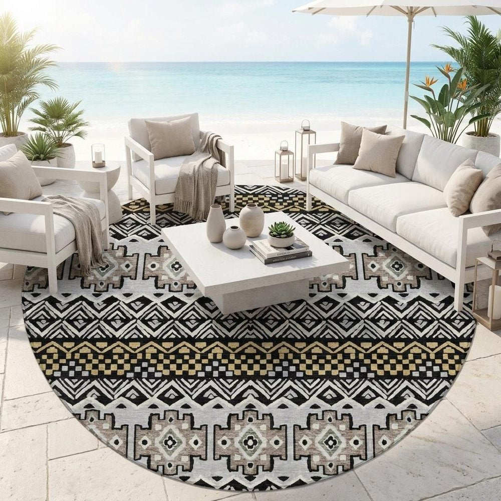 8' Black And Gray Round Striped Washable Indoor Outdoor Area Rug HomeRoots