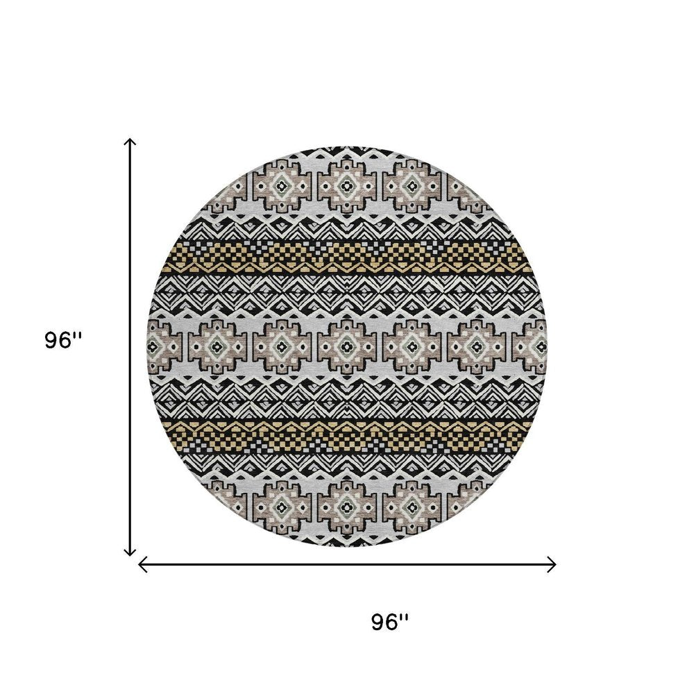 8' Black And Gray Round Striped Washable Indoor Outdoor Area Rug HomeRoots