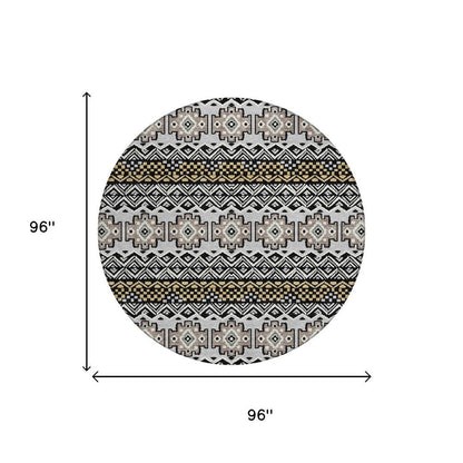 8' Black And Gray Round Striped Washable Indoor Outdoor Area Rug HomeRoots