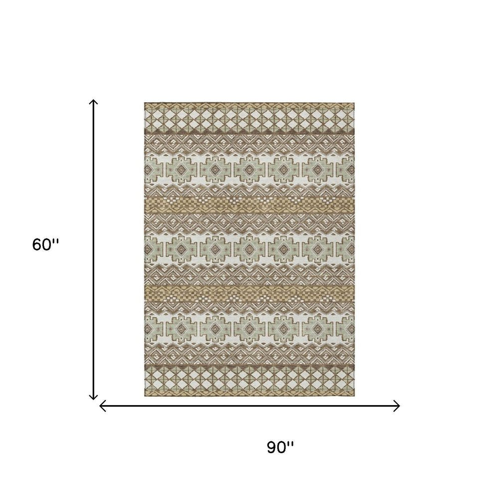 5' X 8' Brown And Khaki Striped Washable Indoor Outdoor Area Rug HomeRoots