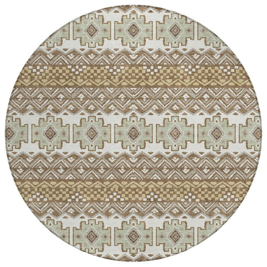 8' Brown And Khaki Round Striped Washable Indoor Outdoor Area Rug HomeRoots