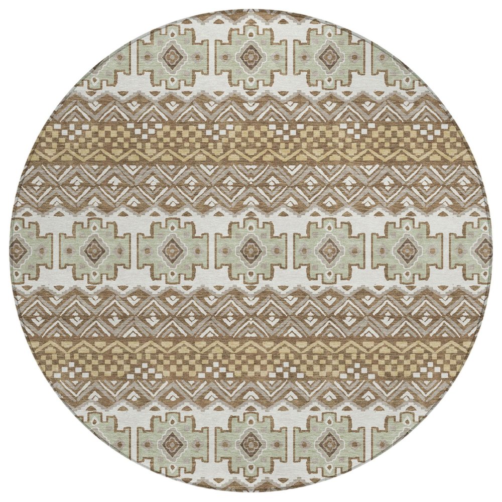 8' Brown And Khaki Round Striped Washable Indoor Outdoor Area Rug HomeRoots