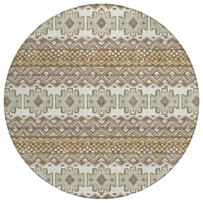 8' Brown And Khaki Round Striped Washable Indoor Outdoor Area Rug HomeRoots
