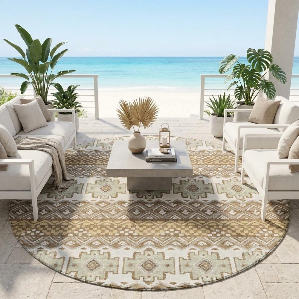 8' Brown And Khaki Round Striped Washable Indoor Outdoor Area Rug HomeRoots