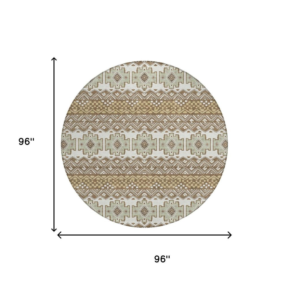 8' Brown And Khaki Round Striped Washable Indoor Outdoor Area Rug HomeRoots