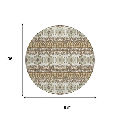 8' Brown And Khaki Round Striped Washable Indoor Outdoor Area Rug HomeRoots