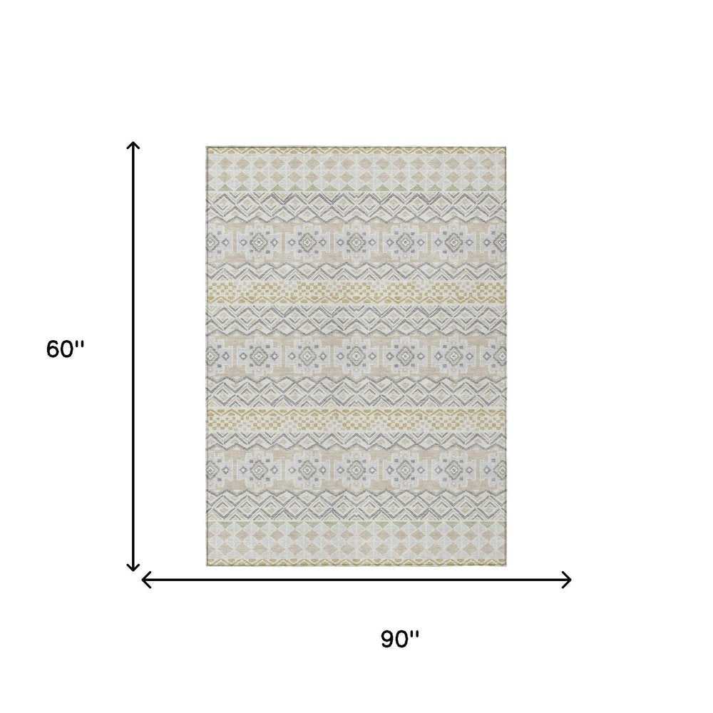 5' X 8' Ivory And Silver Striped Washable Indoor Outdoor Area Rug HomeRoots