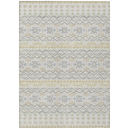 5' X 8' Ivory And Silver Striped Washable Indoor Outdoor Area Rug
