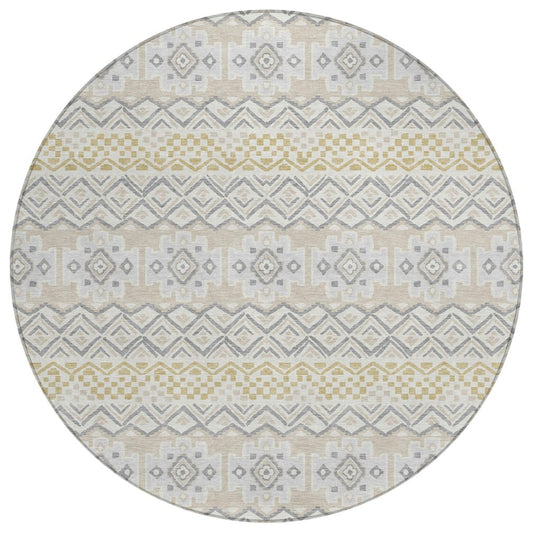 8' Ivory And Silver Round Striped Washable Indoor Outdoor Area Rug