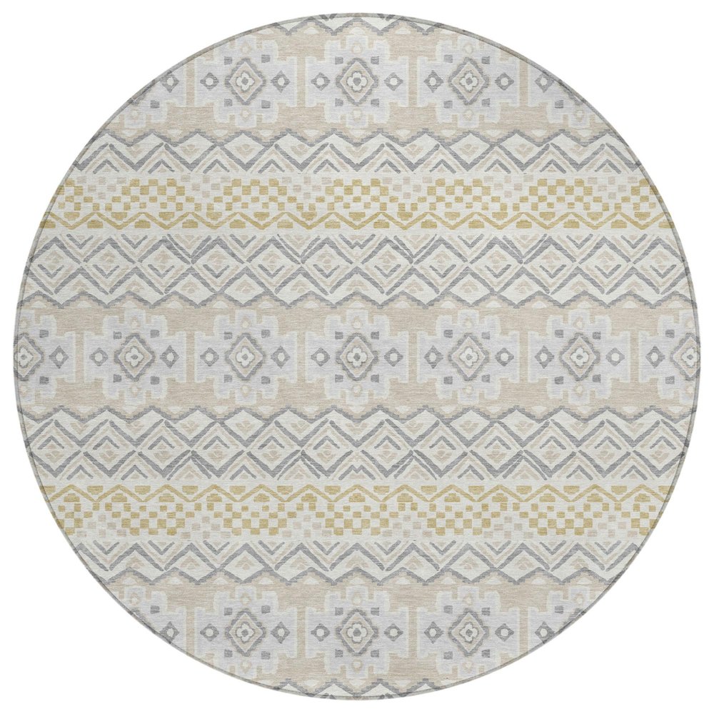 8' Ivory And Silver Round Striped Washable Indoor Outdoor Area Rug HomeRoots