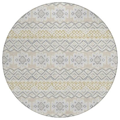 8' Ivory And Silver Round Striped Washable Indoor Outdoor Area Rug HomeRoots