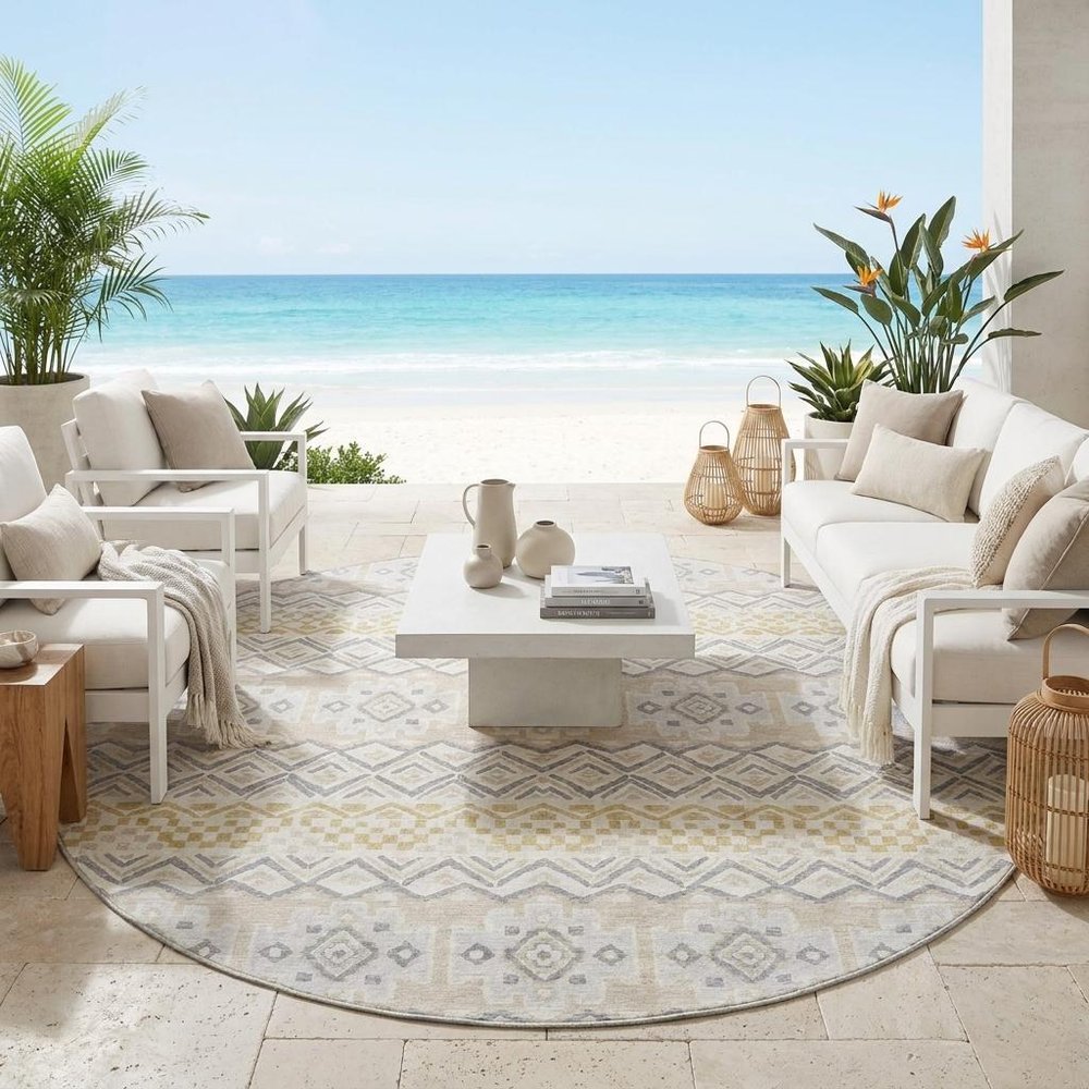 8' Ivory And Silver Round Striped Washable Indoor Outdoor Area Rug HomeRoots